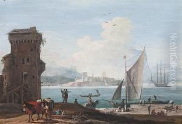 An Extensive View Of A Port With Sailors Unloading Cargo On A Quay Oil Painting by Marco Ricci