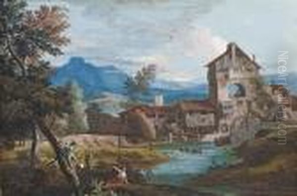 A Watermill In An Extensive 
Mountainous Landscape, With Peasants Climbing Trees In The Foreground Oil Painting by Marco Ricci