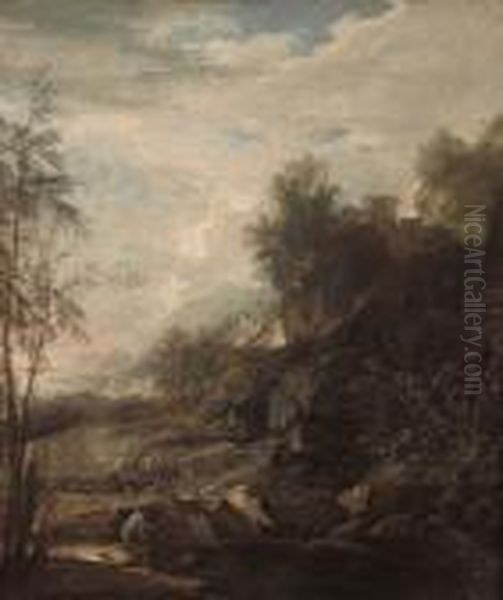 An Extensive Rocky River Landscape With Figures On A Bank Oil Painting by Marco Ricci