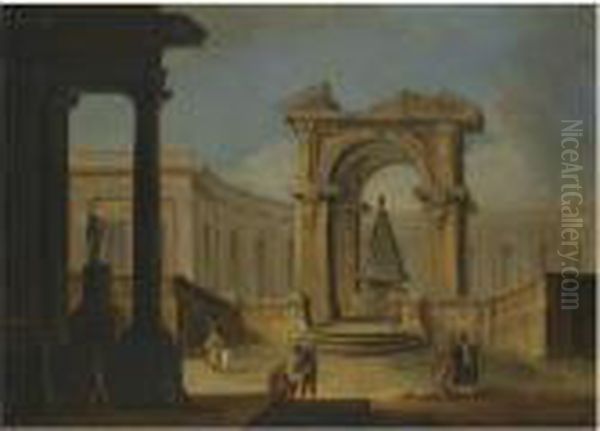 An Architectural Capriccio With Figures Amongst Classical Ruins Oil Painting by Marco Ricci