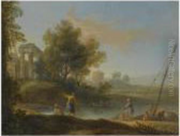 A Fluvial Landscape With Fishermen Unloading Their Nets, Classicalruins Beyond Oil Painting by Marco Ricci