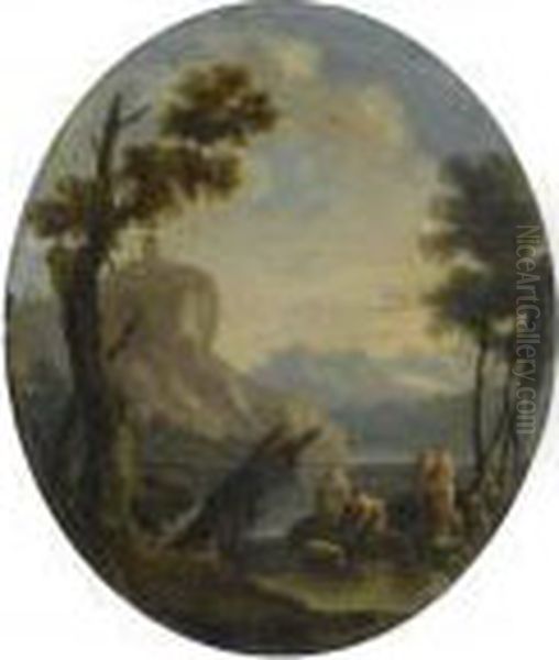 A Craggy River Landscape With The Finding Of Moses In Theforeground Oil Painting by Marco Ricci