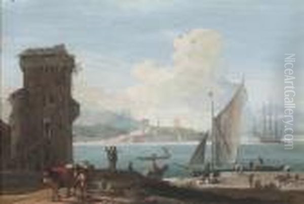 An Extensive View Of A Port With
 Sailors Unloading Cargo Onto Aquayside, A Peasant With Two Packhorses 
To The Left Oil Painting by Marco Ricci