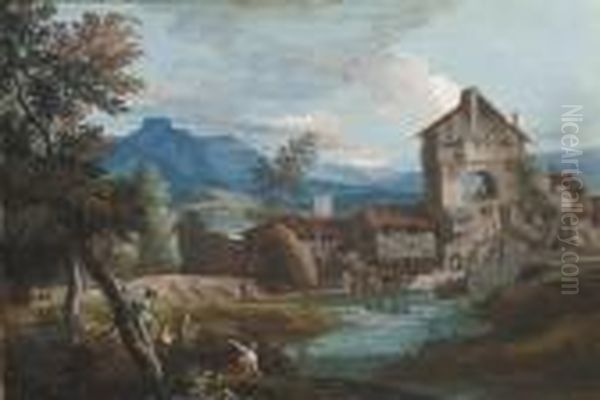 A Watermill In An Extensive 
Mountainous Landscape, With Peasantsclimbing Trees In The Foreground Oil Painting by Marco Ricci