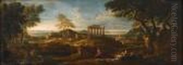 Italianate Landscape With Figures Oil Painting by Marco Ricci