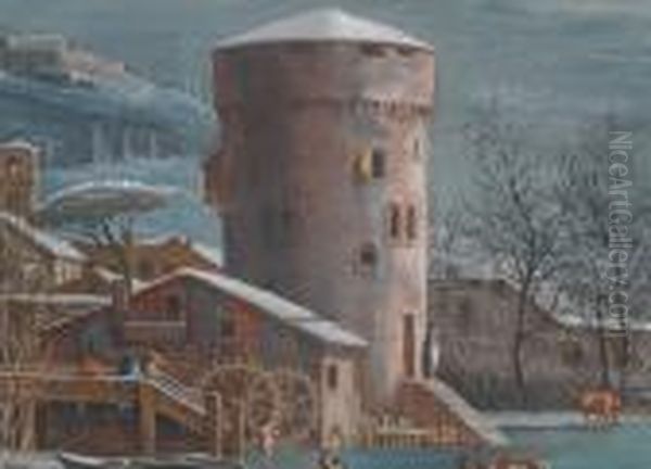 Winterliche Flusslandschaft Mit Turm Und Stadt In Der Ferne Oil Painting by Marco Ricci