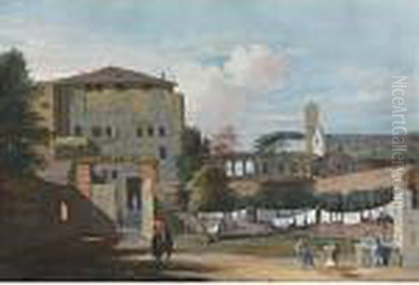 View Of An Italian Courtyard, 
With An Elegant Rider, And Women Hanging Washing By A Fountain Oil Painting by Marco Ricci