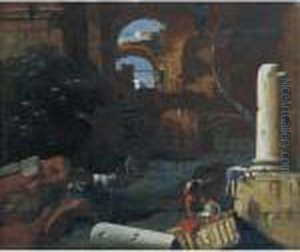 An Architectural Capriccio With Soldiers, A Shepherd And Goats, Resting In Roman Ruins Oil Painting by Marco Ricci