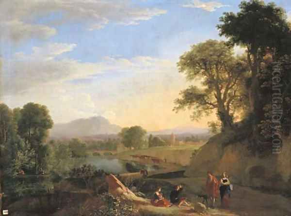 An Italianate river landscape with travellers conversing on a path and peasants fishing from a boat beyond Oil Painting by Herman Van Swanevelt