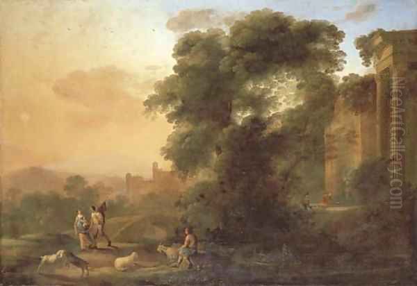 An Italianate landscape with a couple on a path by a river, a shepherd resting with his flock and men collecting water by classical ruins Oil Painting by Herman Van Swanevelt