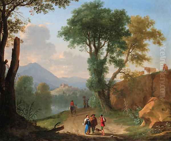 An Italianate landscape with travellers and peasants on a path by a river Oil Painting by Herman Van Swanevelt