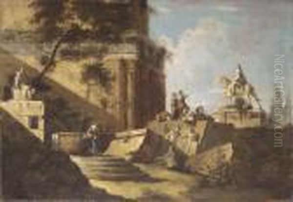 Architectural Capriccio With Figures Amongst Ruins Oil Painting by Marco Ricci