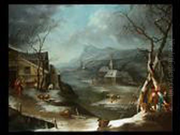 Winterlandschaft Mit Bauerngehoft Um 1720 Oil Painting by Marco Ricci