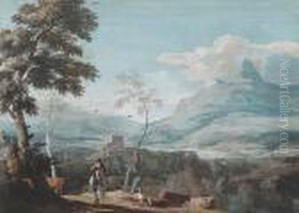 An Extensive Italianate Landscape With A Horseman On A Country Path Oil Painting by Marco Ricci