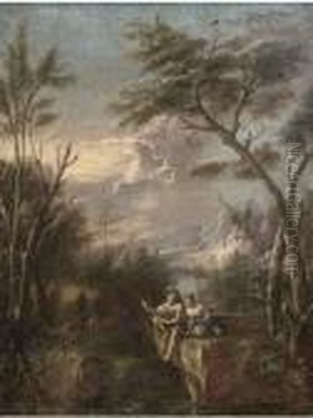 A Wooded River Landscape With Figures Fishing On A Cliff Oil Painting by Marco Ricci