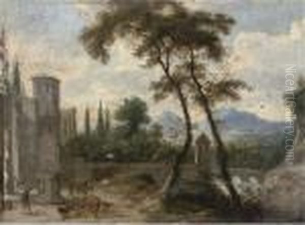 A River Landscape With A Turretted Bridge And A Drover By Astatue Oil Painting by Marco Ricci