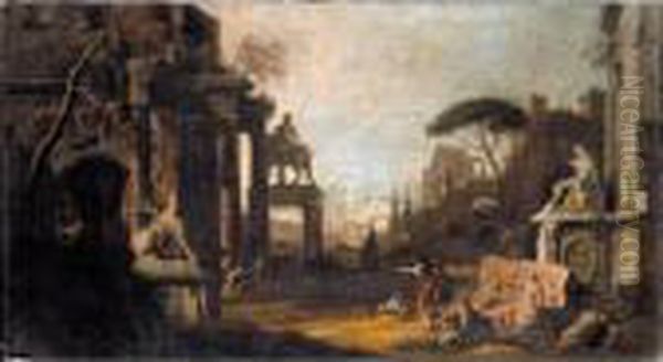 An Architectural Capriccio With 
Architectural Fragments, Statuary Including A Statue Of A Lion And An 
Equestrian Monument, Together With Figures Oil Painting by Marco Ricci