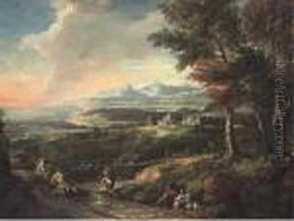 An Italianate Landscape With Monks And Other Travellers By A River,a Bay Beyond Oil Painting by Marco Ricci