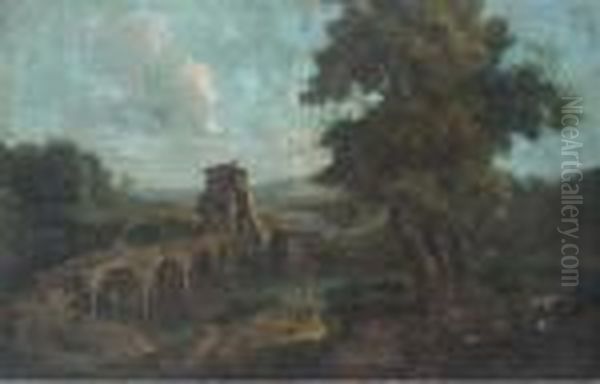 A Landscape With Travellers By A Bridge Oil Painting by Marco Ricci