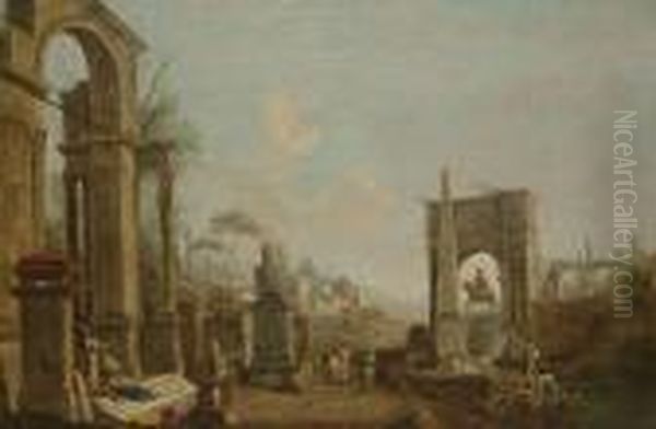 A Capriccio Of Roman Ruins With Sightseers Oil Painting by Marco Ricci