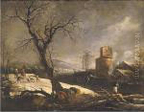 Winter Landscape With A Wood Cutter Oil Painting by Marco Ricci