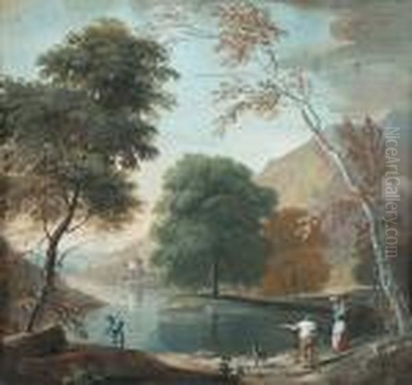 An Italianate Landscape With 
Figures Beside A Lake; And An Italianate Landscape With Travellers On A 
Path Oil Painting by Marco Ricci