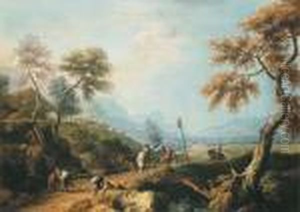 A Wooded Landscape, With 
Gentlemen In A Carriage On A Road In Theforeground, A Valley Beyond Oil Painting by Marco Ricci