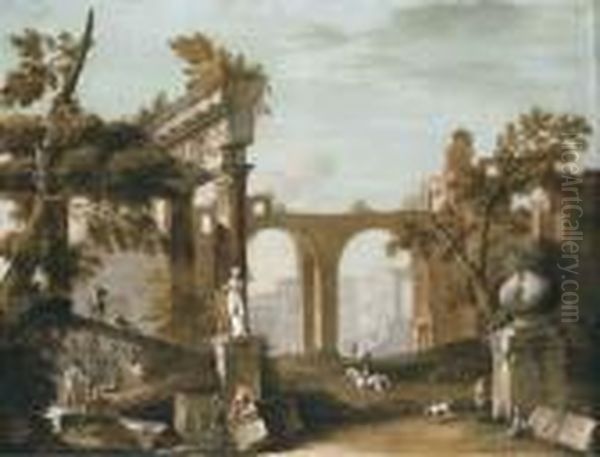 An Architectural Capriccio With Classical Ruins Oil Painting by Marco Ricci