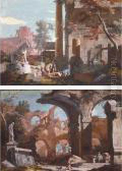 An Architectural Capriccio With Figures Investigating A Tomb Amongst Ruins Oil Painting by Marco Ricci