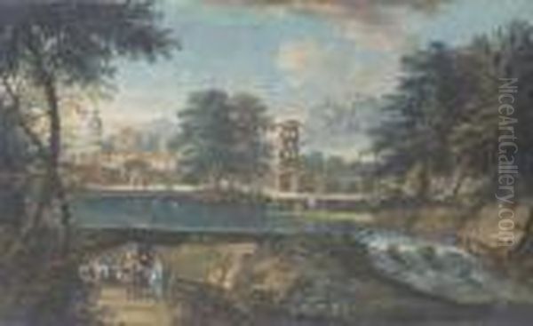 River Landscape With Bathers And A Town In The Background Oil Painting by Marco Ricci