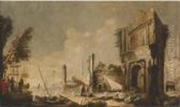 A Capriccio Of A Mediterranean Harbour With Figures Amongstclassical Ruins Oil Painting by Marco Ricci