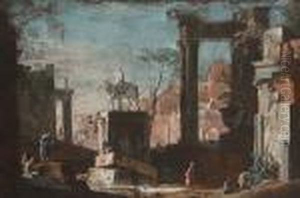 Figures Amongst Ruins With An Equestrian Statue Oil Painting by Marco Ricci