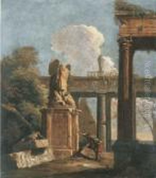 A Capriccio Of Roman Ruins With Soldiers Beside The Statue Of Marius Oil Painting by Marco Ricci