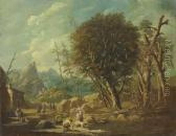 A Mountainous Landscape With Washerwomen Oil Painting by Marco Ricci