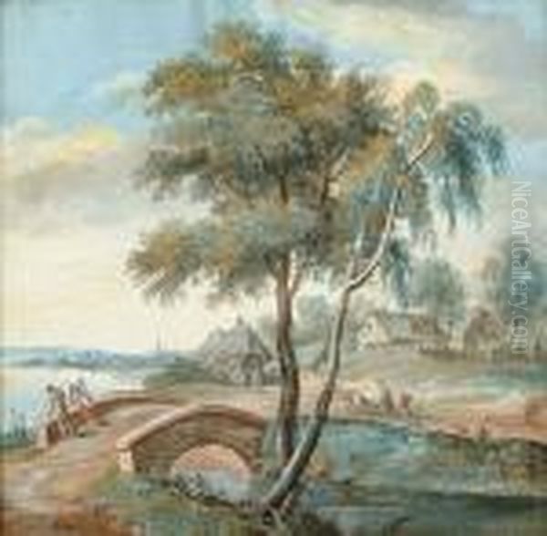 Village By A Lake With Two Figures On A Bridge And On The Bank Beyond Oil Painting by Marco Ricci