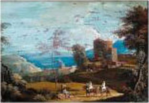 A Landscape With Travellers On A Road And Buildings And Mountains In The Background Oil Painting by Marco Ricci