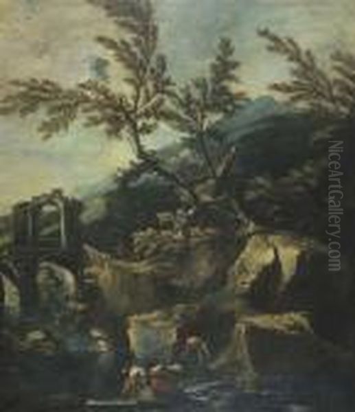 Paesaggio Fluviale Appeninico Con Ponte Diroccato E Bagnanti Ed Astanti In Lontananza Oil Painting by Marco Ricci