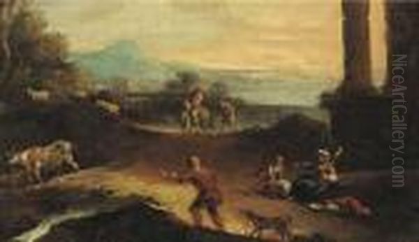 An Extensive Landscape With Shepherds And Other Figures Byclassical Ruins Oil Painting by Marco Ricci