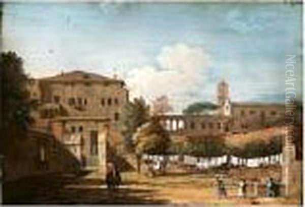 View Of An Italianate Courtyard With Women Hanging Washing By A Fountain Oil Painting by Marco Ricci