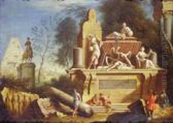 Veduta Di Fantasia Di Roma Con Il
Mausoleo Di Cesare E Figure Oil Painting by Marco Ricci