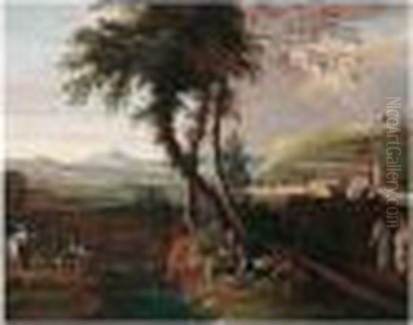 A Landscape With Figures Resting By A Stream Near The Outskirts Of A Town Oil Painting by Marco Ricci