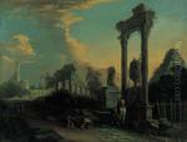 A Traveller And Peasants By A Fountain Amongst Roman Ruins Oil Painting by Marco Ricci