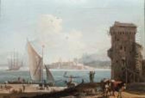 An Extensive View Of An Port With A Tower In The Foreground, A Fortbeyond Oil Painting by Marco Ricci