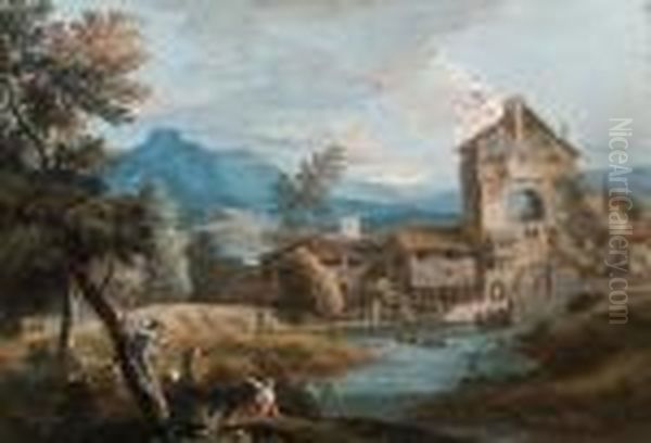 An Extensive Mountainous Landscape With A Mill By A Stream Oil Painting by Marco Ricci