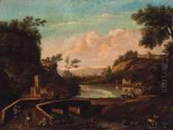 An Italianate River Landscape With Travellers And A Drover Crossinga Bridge Oil Painting by Marco Ricci