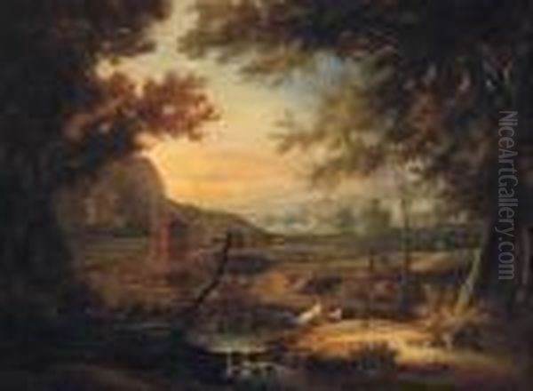 An Extensive Italianate Landscape With A Herdsman By A Stream Oil Painting by Marco Ricci