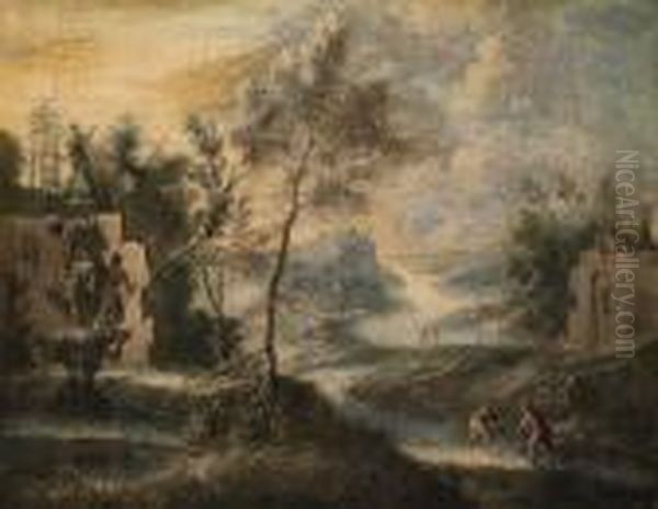 A River Landscape With Fisherman On A Bank Near A Fountain Oil Painting by Marco Ricci