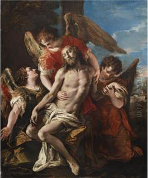 Christ Mourned By Three Angels Oil Painting by Sebastiano Ricci