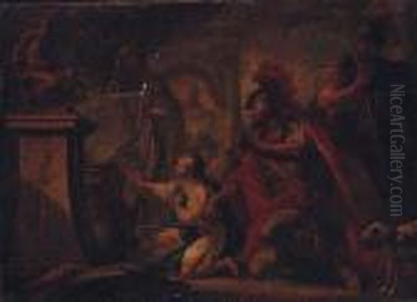 A Roman Warrior And A Boy Before A Sacrificial Altar Oil Painting by Sebastiano Ricci