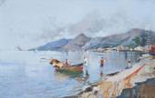 Bringing In The Catch, The Bay Of Naples Oil Painting by Oscar Ricciardi